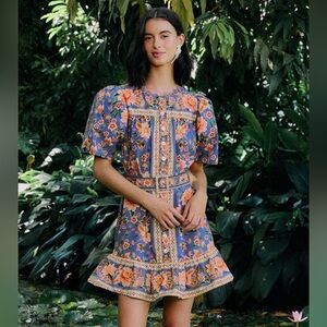 Like New - FARM RIO Blue Superbloom Tapestry Organic Cotton Mini Dress - Sz S